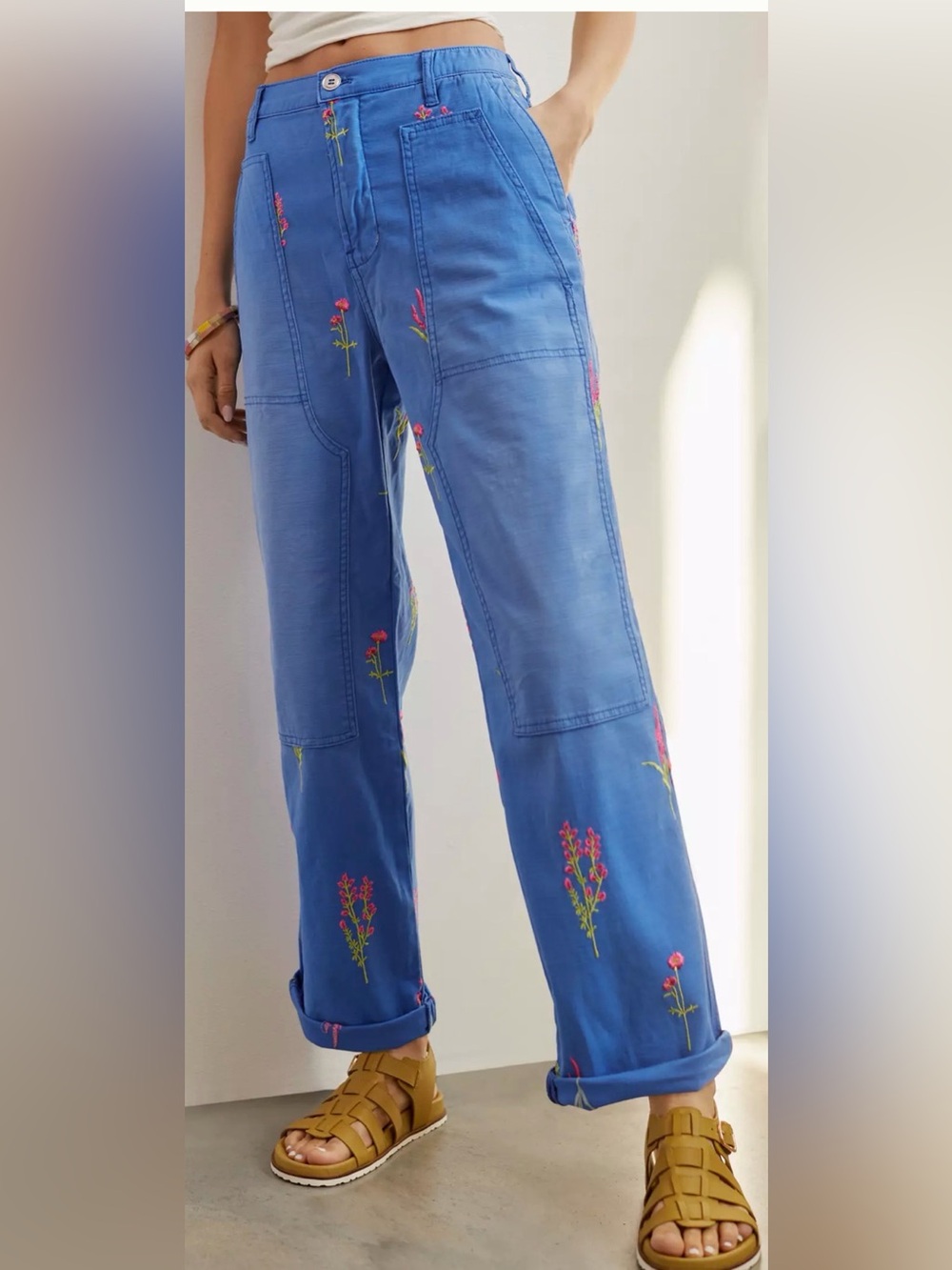 Pilcro by Anthropologie The Roamer Blue Floral Embroidered Carpenter Pants